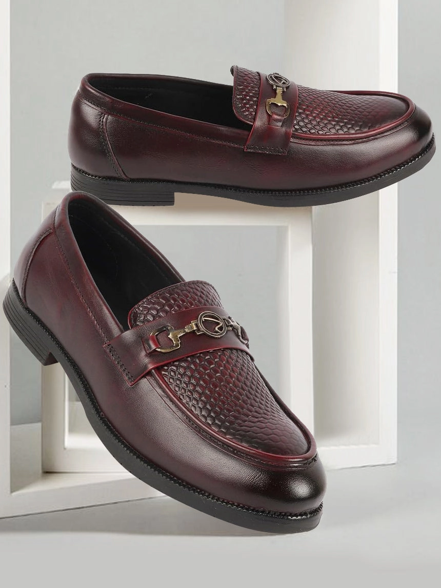 Men Cherry Wedding Party Embossed Design Genuine Leather Buckle Slip On Loafer Shoes White Shoes