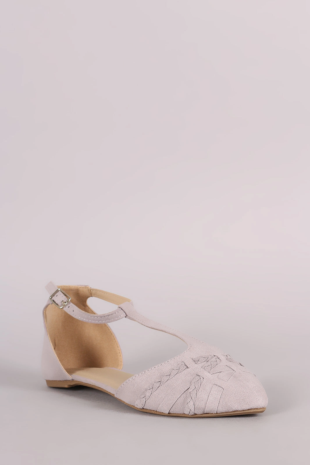 Qupid Braided T-Strap Pointy Toe Suede Flat Flat Feet Shoe Store