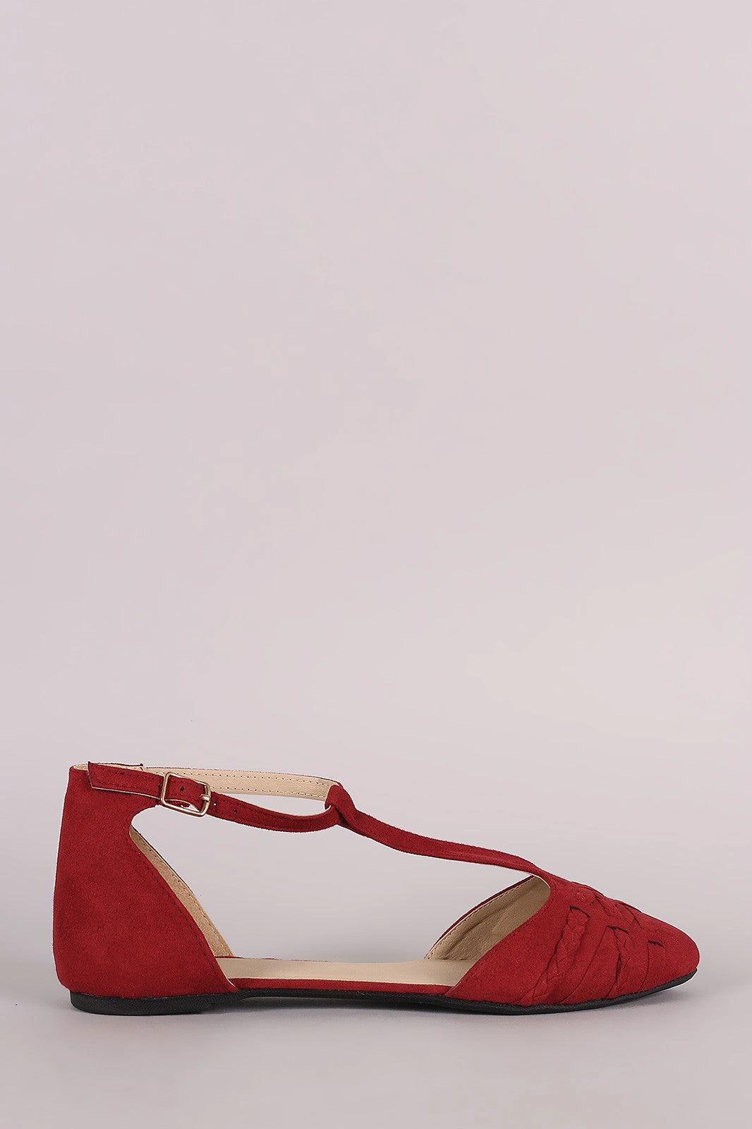 Qupid Braided T-Strap Pointy Toe Suede Flat Best Treadmill Walking Shoes For Flat Feet