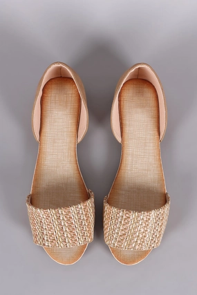 Flat Shoes Or Arch Support Nubuck Woven Straw Peep Toe Flat
