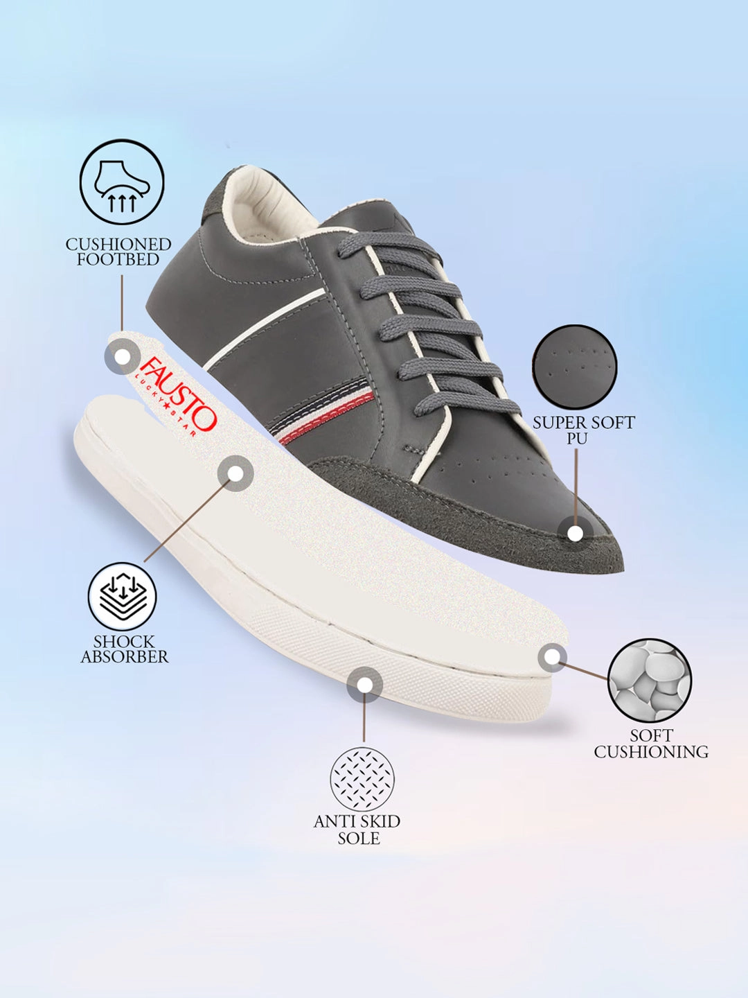 Men Grey Striped Lace Up Perforation Low Ankle Sneaker Shoes|Memory Cushion|Classic Shoe|Low Top Best Dress Casual Shoes Plantar Fasciitis