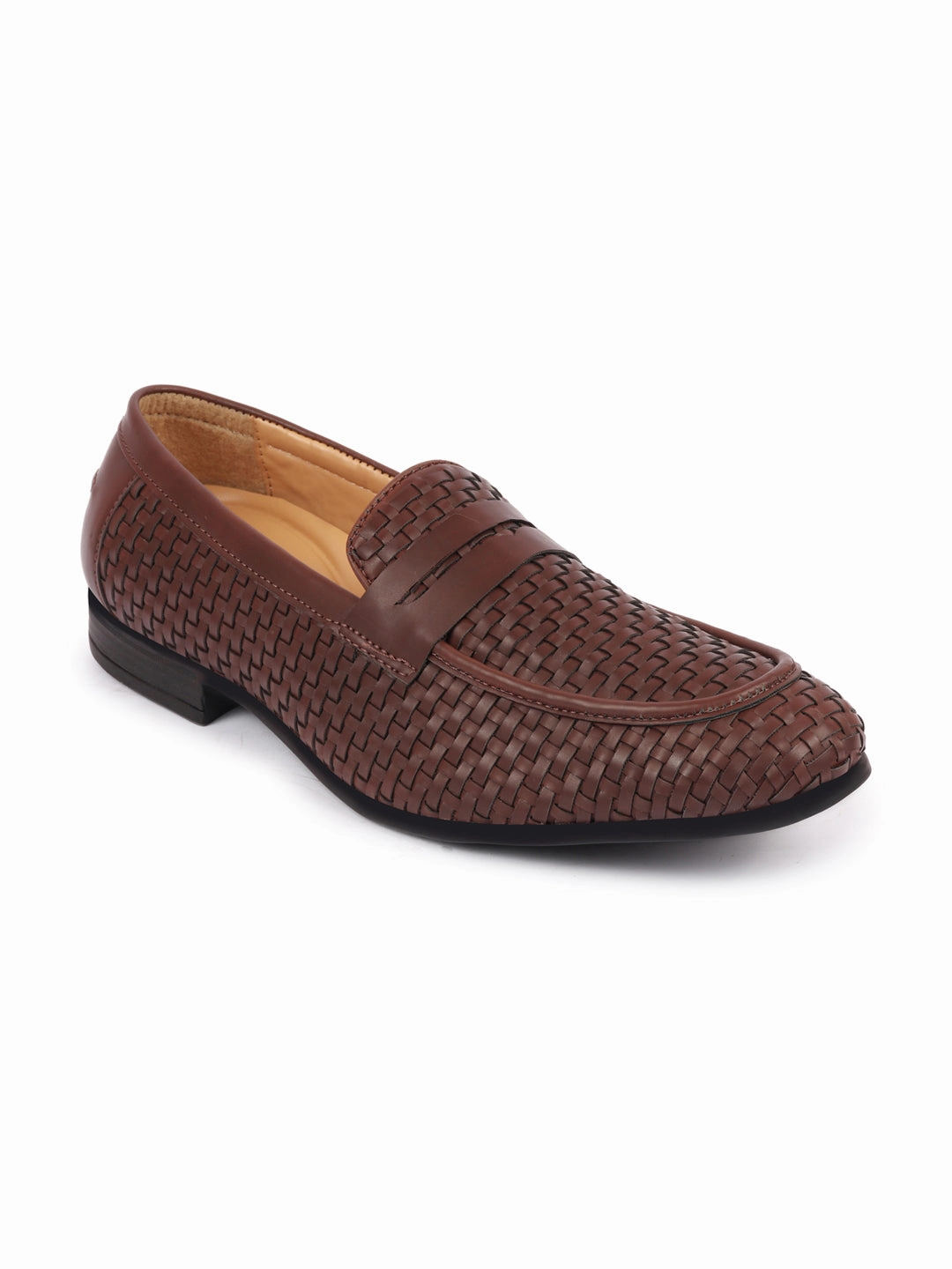 Men Brown Hand Knitted Design Penny Loafer Slip On Shoes Daily Use Casual Shoes