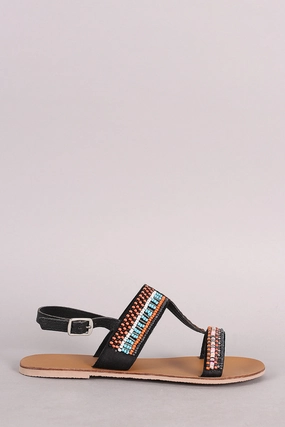 Flat Platform Wedding Shoes Qupid T-Strap Open Toe Beaded Flat Sandal