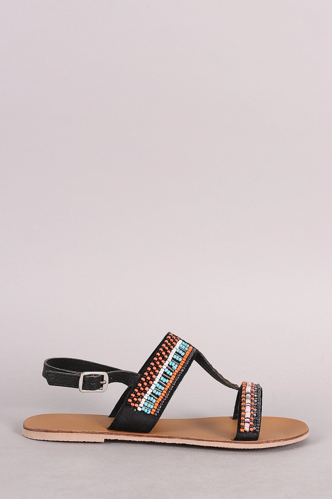 Qupid T-Strap Open Toe Beaded Flat Sandal 1950s Shoes Flats