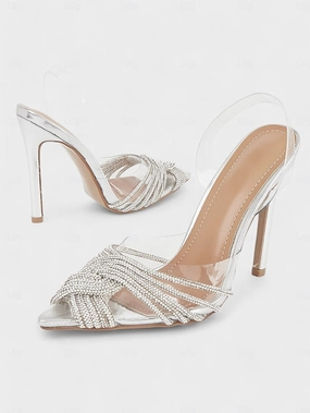 Sandals On Transparent with Straps Sandals Silver Stiletto  Rhinestone