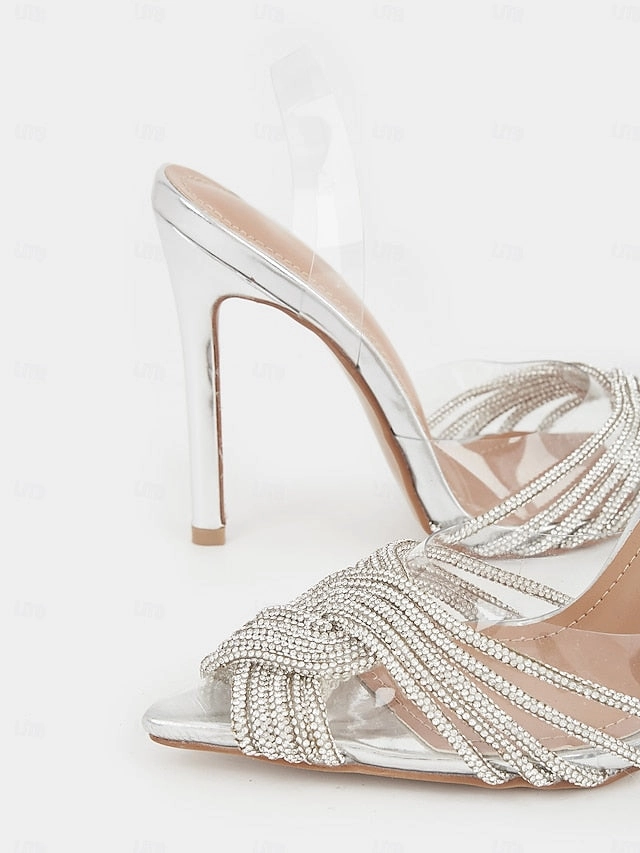 T Strap Sandals Transparent with Straps Sandals Silver Stiletto  Rhinestone