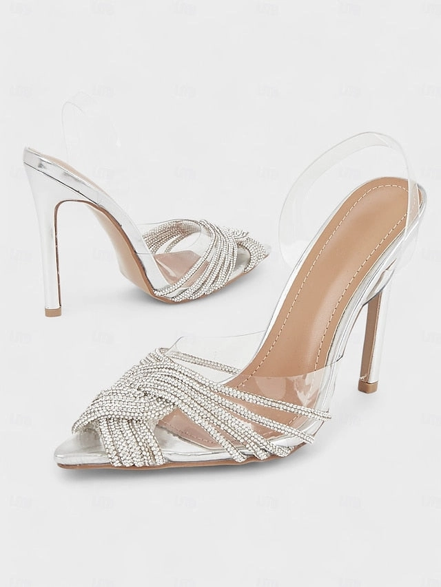 Tiddies Sandals Transparent with Straps Sandals Silver Stiletto  Rhinestone