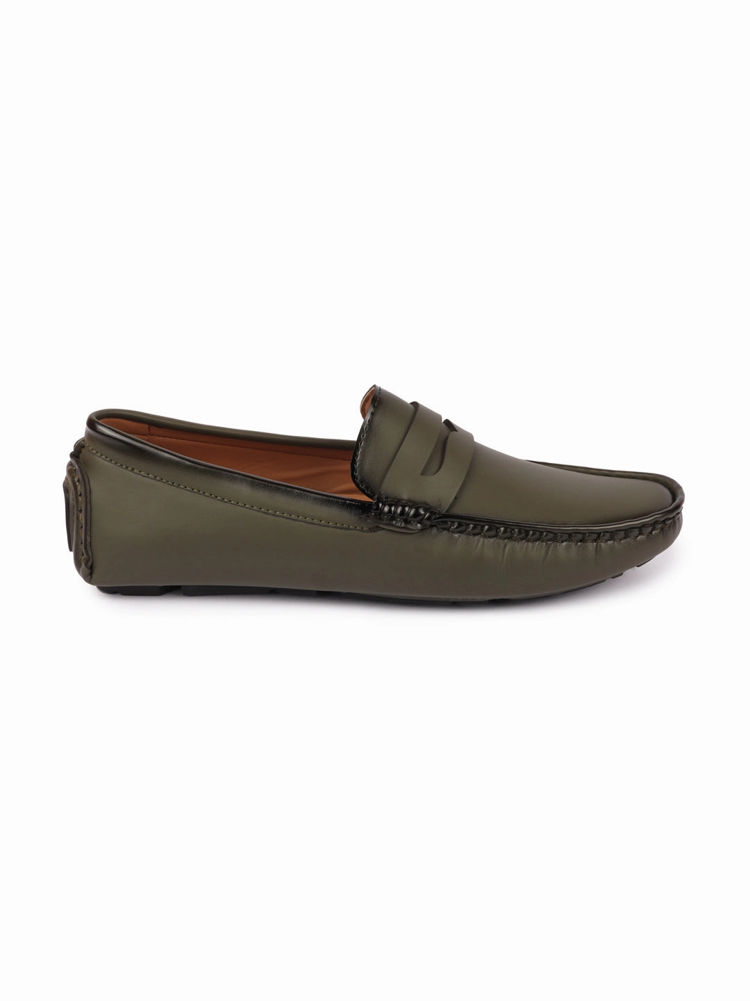 Men Olive Hand Stitched Comfort Loafer and Moccasin Shoes Flat Seam Casual Shoes