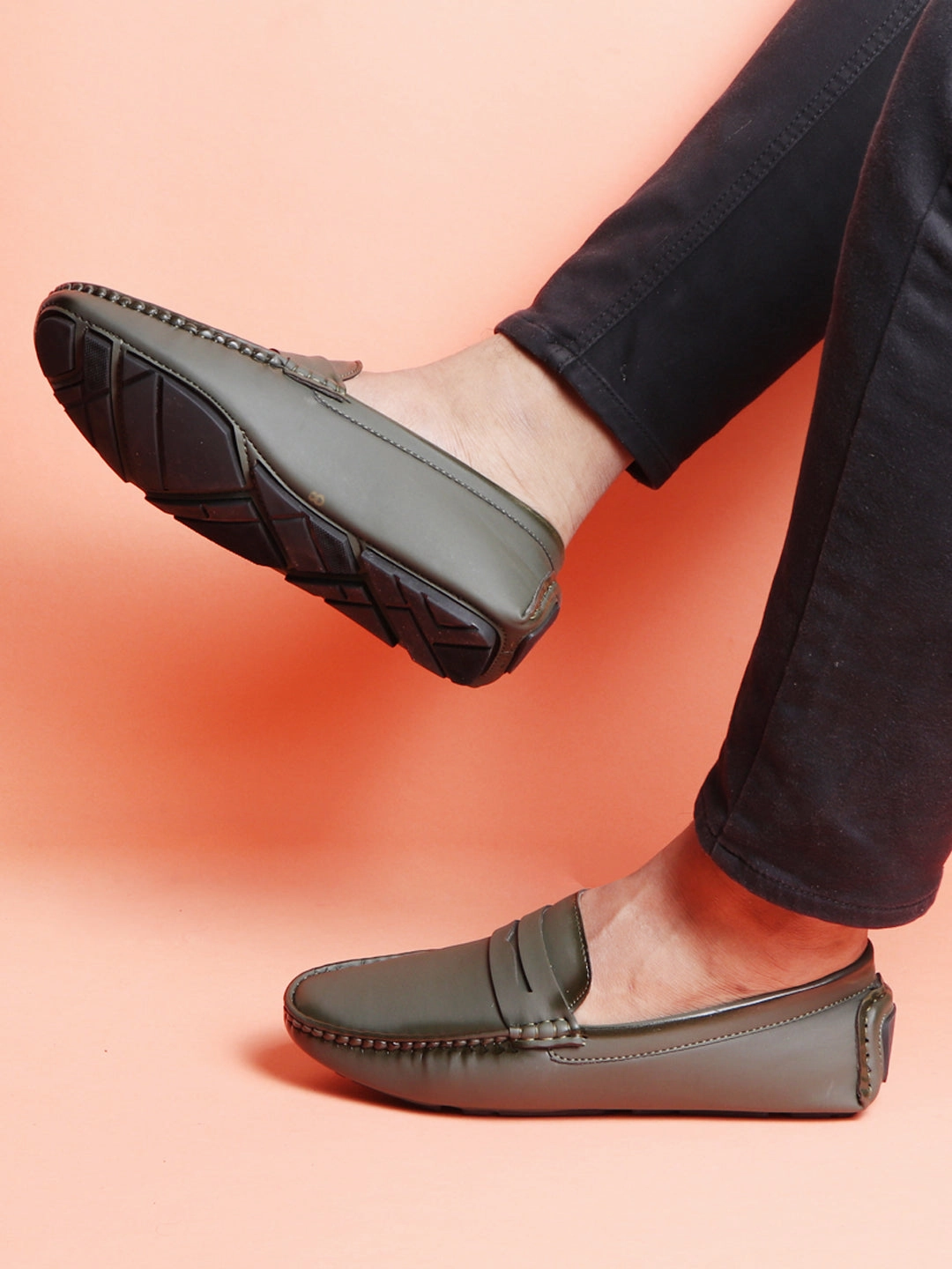 Casual Shoes Fall 2024 Men Olive Hand Stitched Comfort Loafer and Moccasin Shoes