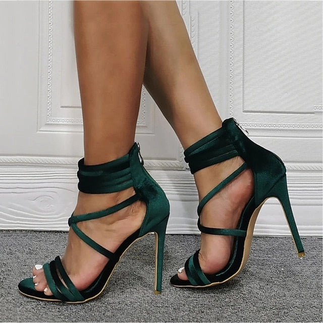 Sandals Summer  Sandals Green Stiletto Strappy Satin Heel Women's