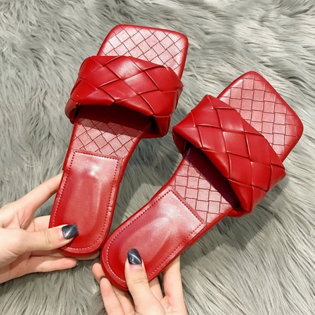 Free People Slides Rimocy Blue Weave Flat Slippers for Women 2020 Summer Open Toe Beach Sandals Flip Flops Woman Outdoor Casual Soft Leather Slides