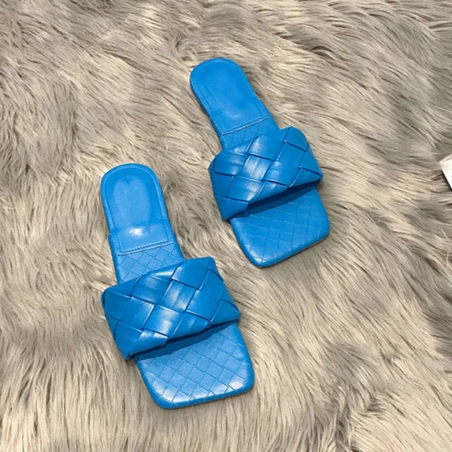 Rimocy Blue Weave Flat Slippers for Women 2020 Summer Open Toe Beach Sandals Flip Flops Woman Outdoor Casual Soft Leather Slides Crochet Simple Slippers