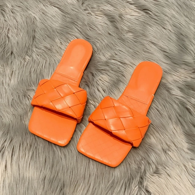 Rimocy Blue Weave Flat Slippers for Women 2020 Summer Open Toe Beach Sandals Flip Flops Woman Outdoor Casual Soft Leather Slides Kuromi Slippers