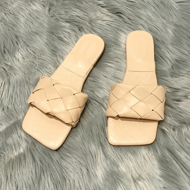 Rimocy Blue Weave Flat Slippers for Women 2020 Summer Open Toe Beach Sandals Flip Flops Woman Outdoor Casual Soft Leather Slides Rat Slippers