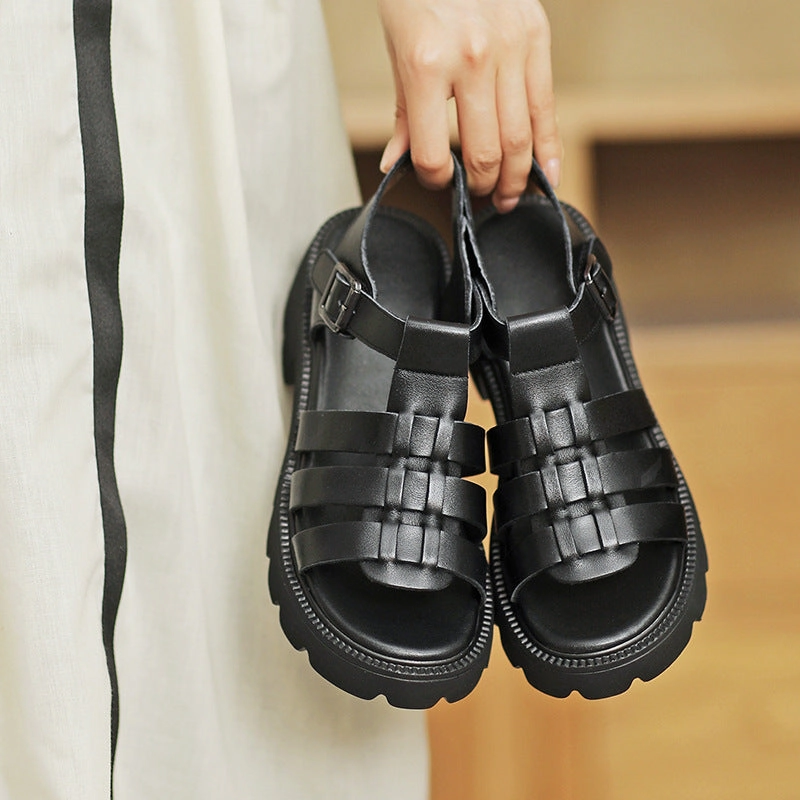 Block Heel Sandals Women Summer Plaited Leather Lug Sole Sandals
