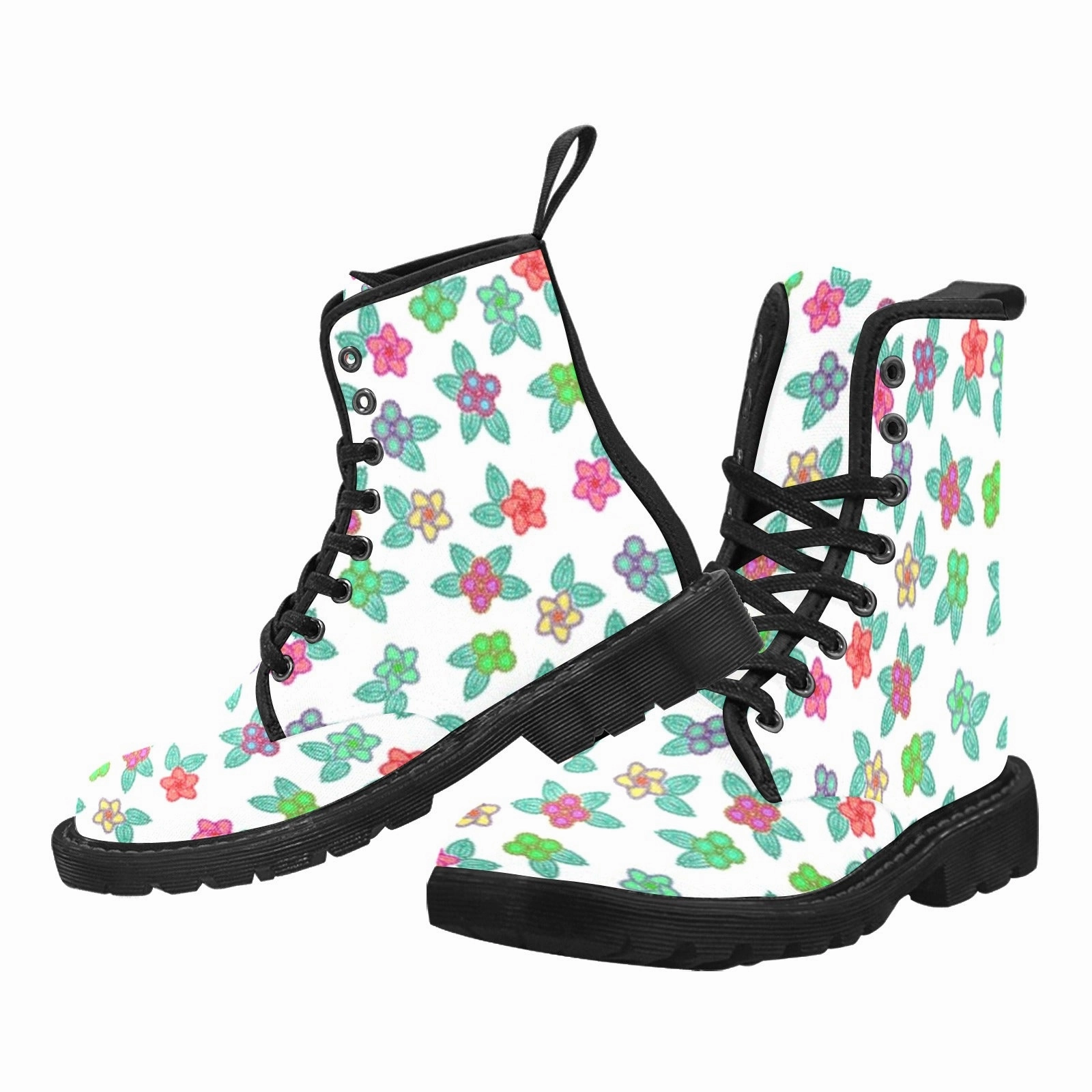 Gray Boots Berry Flowers White Boots for Women (Black)