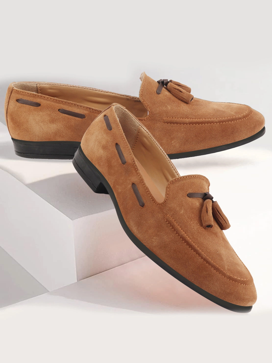 Older Casual Shoes Men Tan Suede Leather Casual Tassel Loafer Shoes