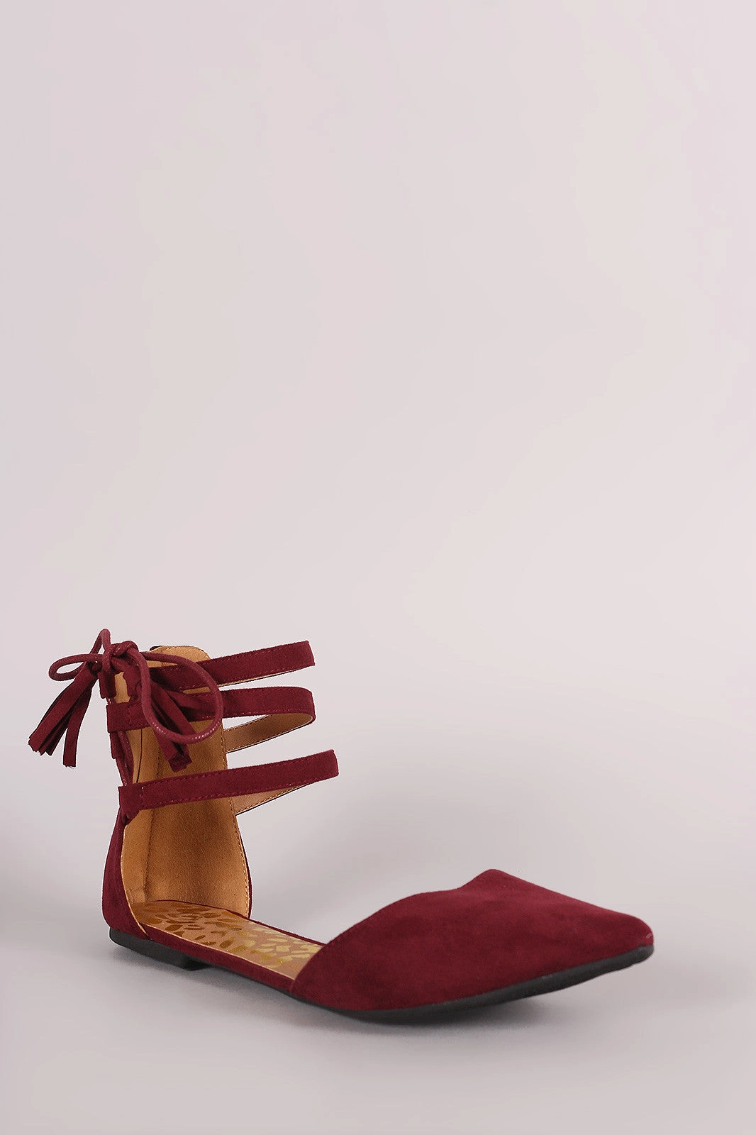 Flat Shoe Laces Qupid Suede Triple Ankle Strap Lace-Up Dorsay Flat