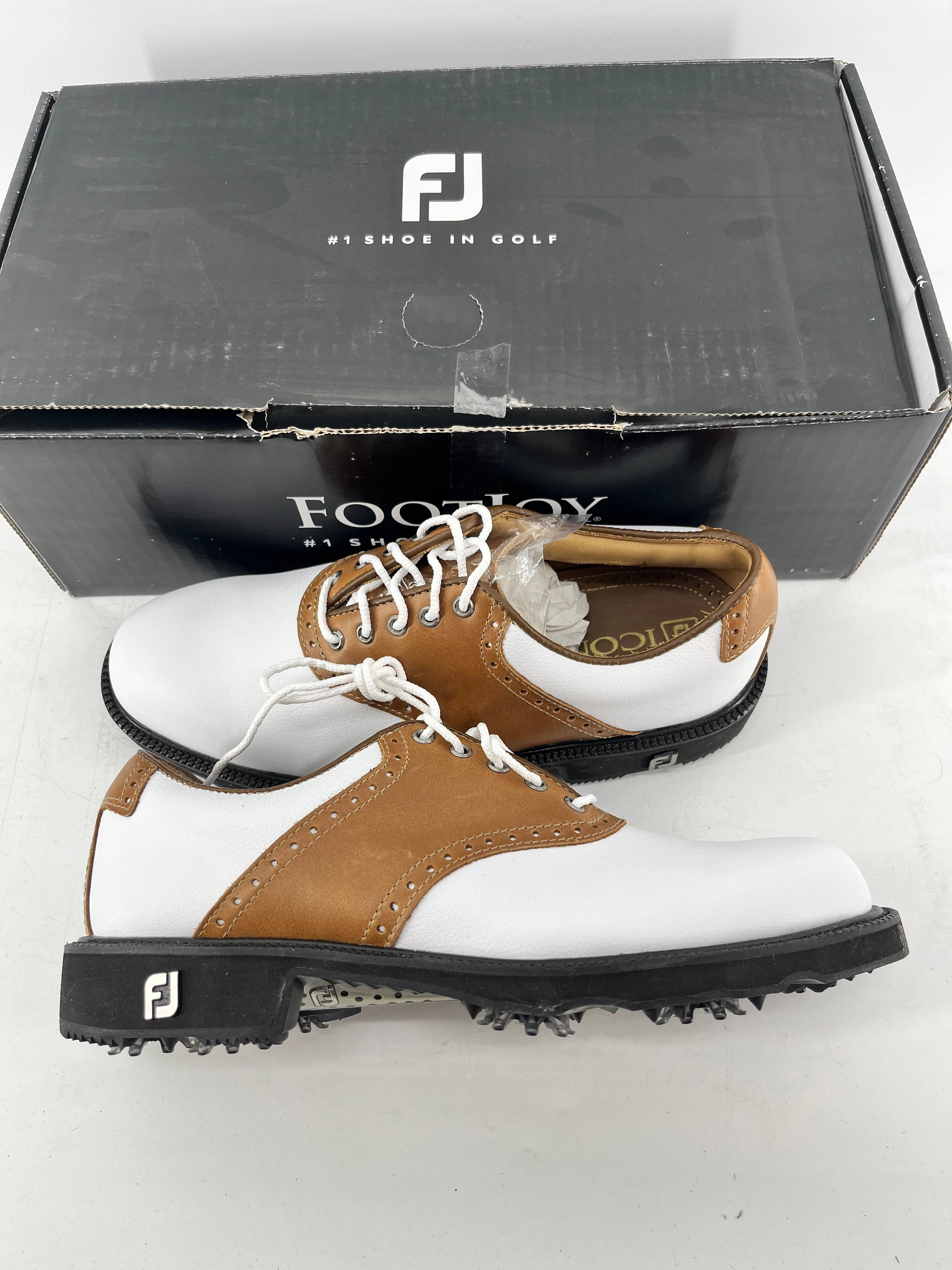 Footjoy Myjoys Premiere Icon Traditional Golf Shoes Custom White Brown 5.5 N Heathland Golf