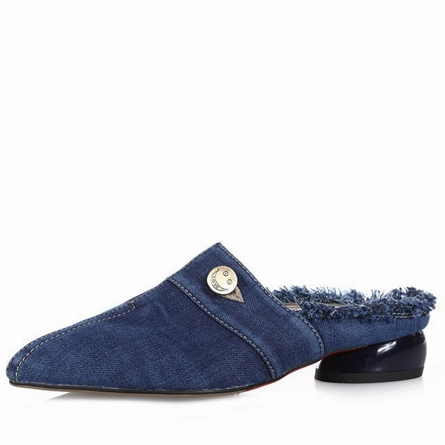 Costco Slippers WETKISS 2019 New Women Slides Shoes Button Denim Slippers Summer Strange Style Mules Shoes Ladies Low Heels Holed Shoes Female