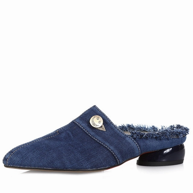Replica Slippers WETKISS 2019 New Women Slides Shoes Button Denim Slippers Summer Strange Style Mules Shoes Ladies Low Heels Holed Shoes Female