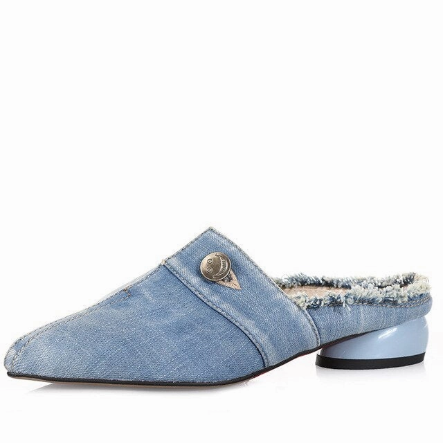 WETKISS 2019 New Women Slides Shoes Button Denim Slippers Summer Strange Style Mules Shoes Ladies Low Heels Holed Shoes Female Bionic Slippers