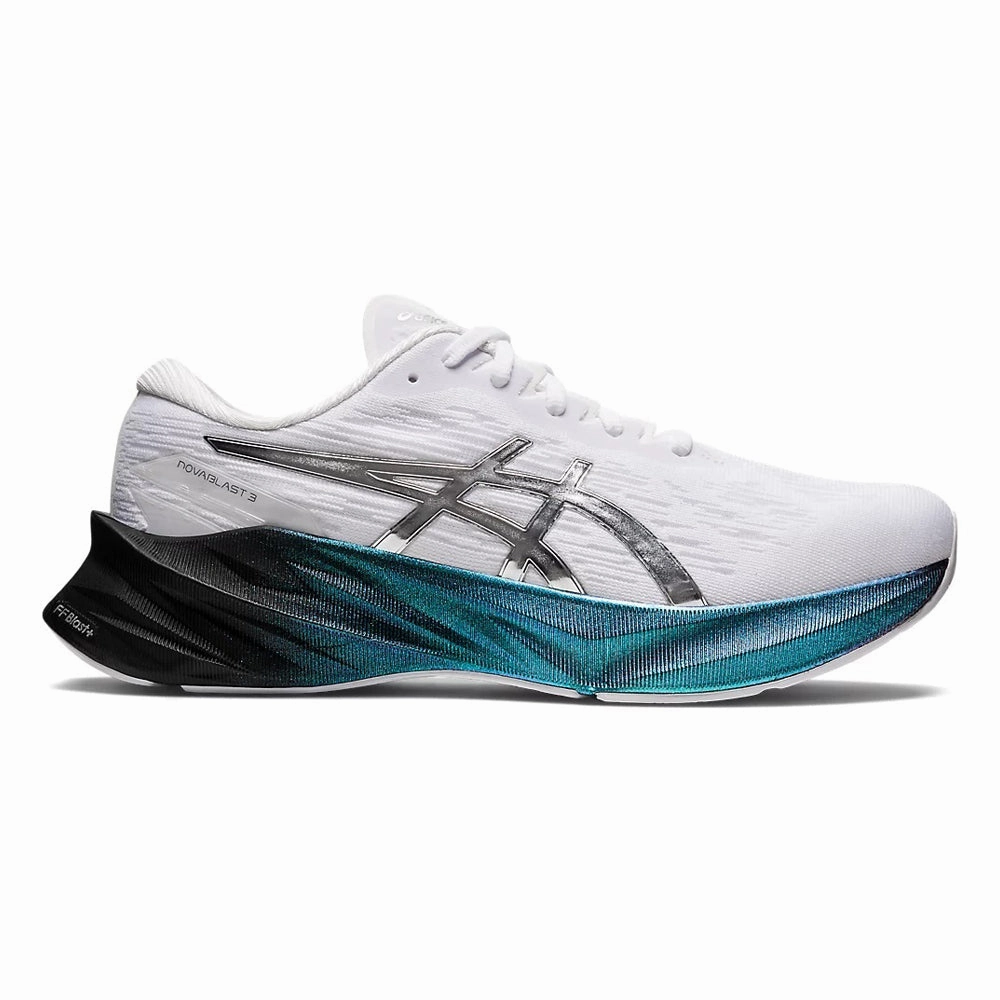 Men's Asics Novablast 3 Platinum, White/Pure Silver, 7.5 D Medium Asics Anti Pronation Running Shoes