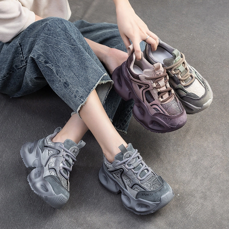 Women Casual Color Matching Leather Chunky Platform Sneakers Sneakers With Boa
