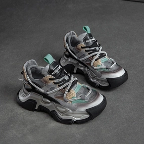 Women Retro Patchwork Fashion Leather Platform Dad Sneakers Baking Soda Sneakers