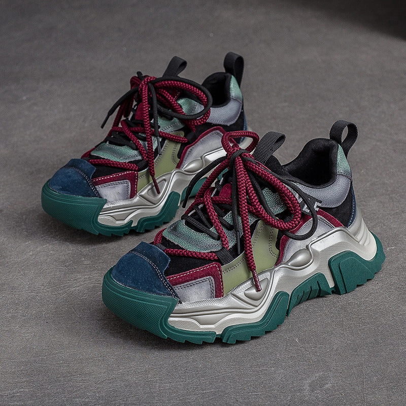 Women Retro Patchwork Leather Platform Dad Sneakers Kicks Sneakers