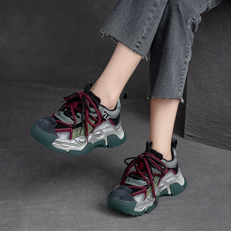 Sneakers Black Friday Women Retro Patchwork Leather Platform Dad Sneakers