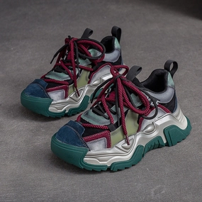 Women Retro Patchwork Leather Platform Dad Sneakers Best Comfortable Sneakers