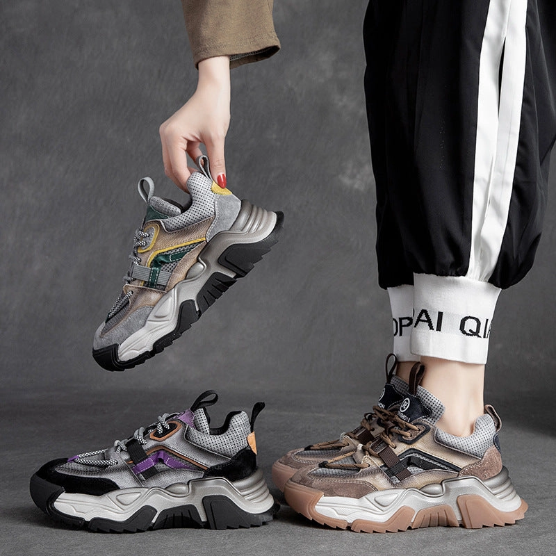 Yeezy Running Sneakers Women Retro Patchwork Leather Thick Soled Dad Sneakers