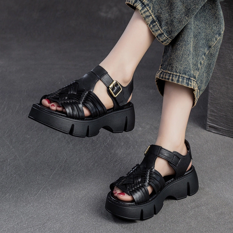 Women Retro Plaited Leather Platform Casual Sandals Vintage Platform Sandals