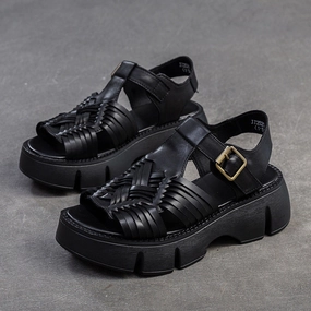 Tortoise Sandals Women Retro Plaited Leather Platform Casual Sandals