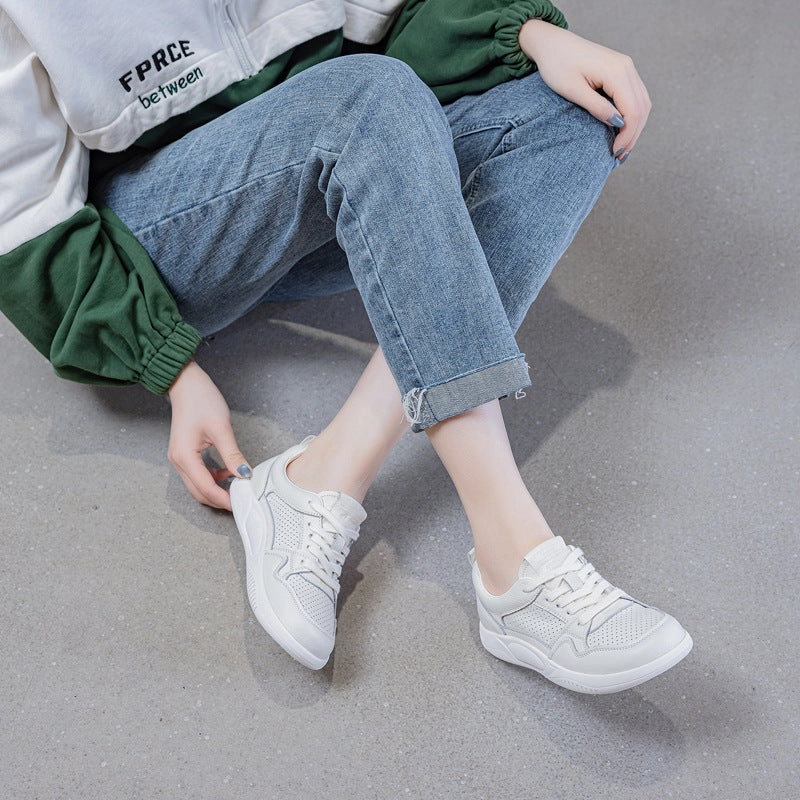 Sneakers For Running Women's Fashion Plain Breathable Leather Casual Sneakers