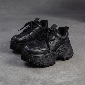 Women's Plain Leather Chunky Platform Sneakers Wedge Sneakers Shoes