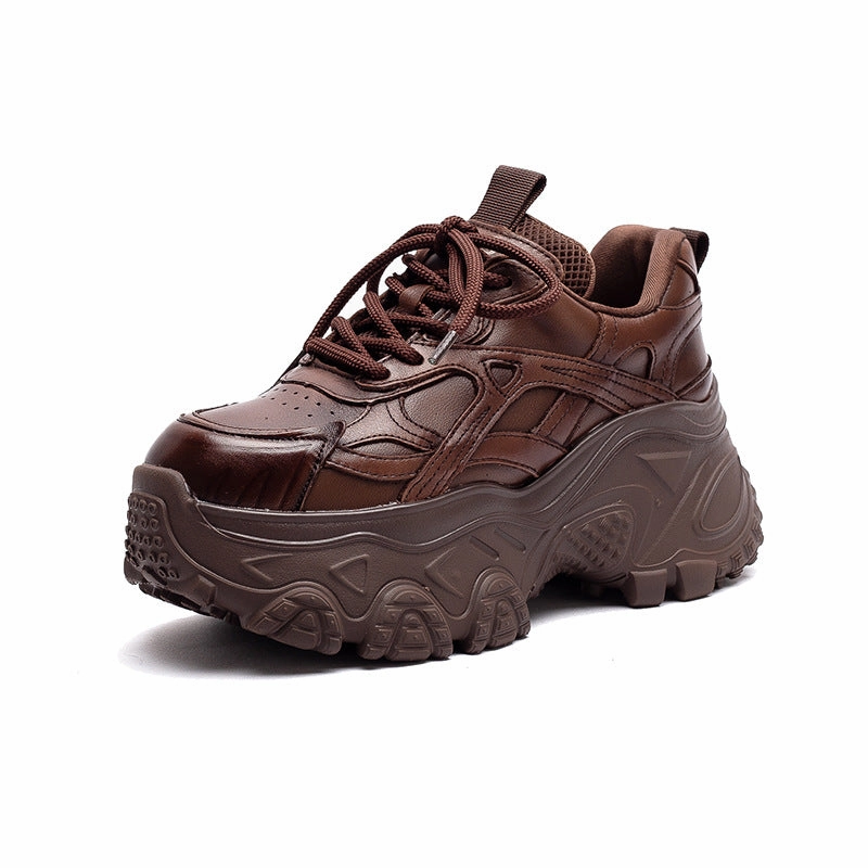 Women's Plain Leather Chunky Platform Sneakers Skirt With Sneakers