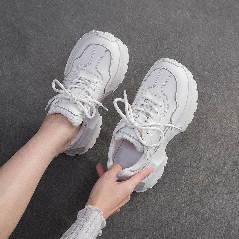 Women's Plain Quilted Leather Chunky Platform Sneakers Cute Comfy Sneakers