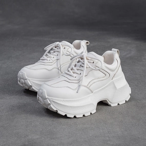 Women's Plain Quilted Leather Chunky Platform Sneakers Sneakers At