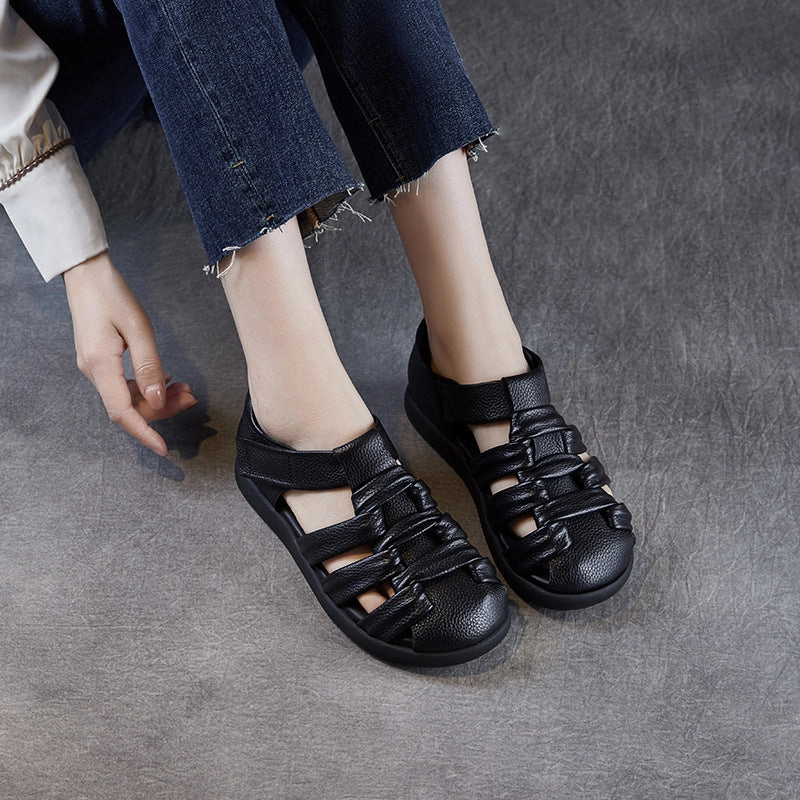 Women's Retro Plain Leather Round Head Velcro Sandals Best Rated Hiking Sandals