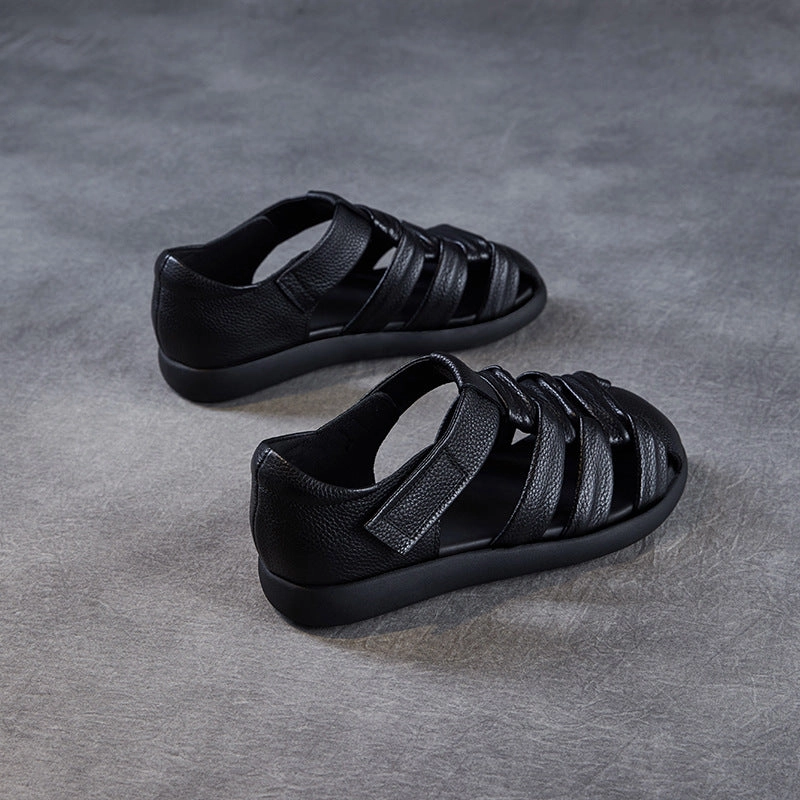 Patent Leather Sandals Women's Retro Plain Leather Round Head Velcro Sandals