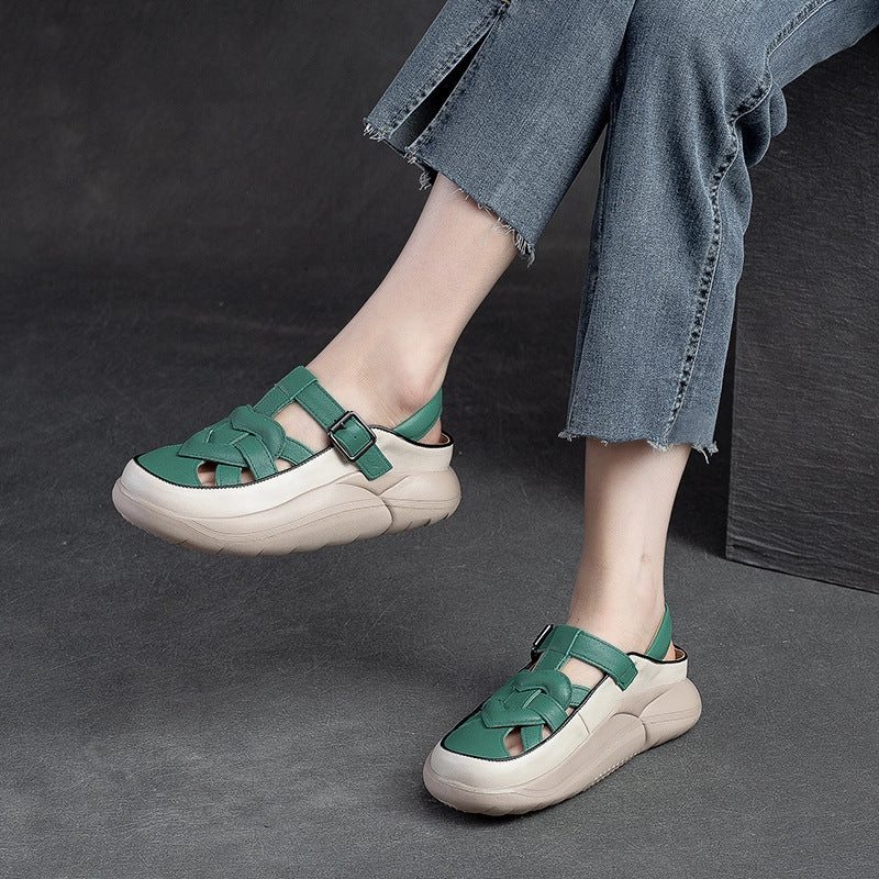 Genuine Leather Sandals Women Summer Plaited Leather Thick Soled Sandals